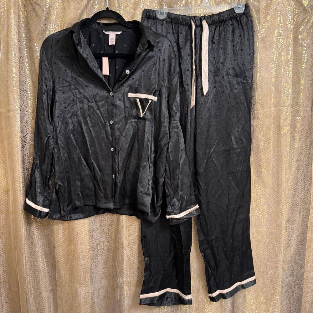 Victorias Secret Black Light Pink Polka Dot Satin Pajama Set Small Nwt